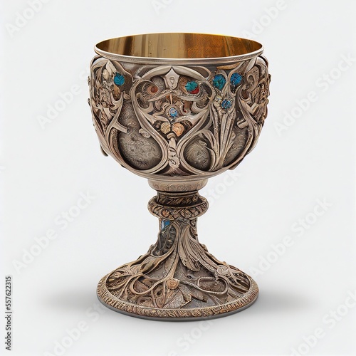 Ornate, ancient antique chalice isolated on a white background