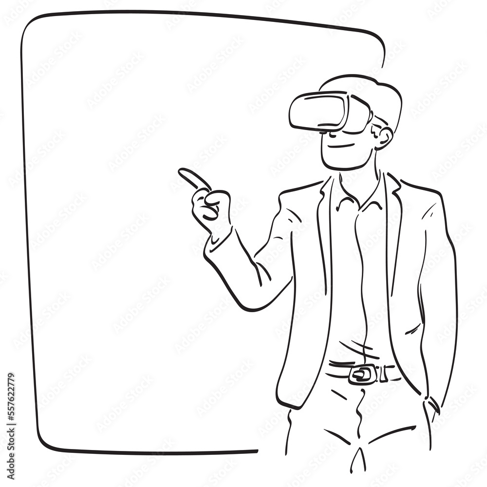 line art businessman with vr glasses pointing on blank space illustration vector hand drawn isolated on white background line art businessman with vr glasses pointing on blank space illustration vector hand drawn isolated on white background