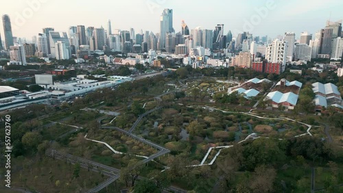 Aerial view office city building with Benchakitti public forest park in Bangkok Thailannd photo