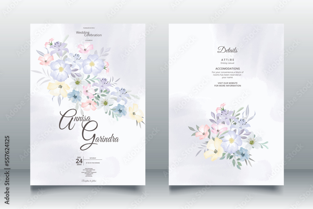 Elegant wedding invitation card with beautiful colorful floral and leaves template Premium Vector