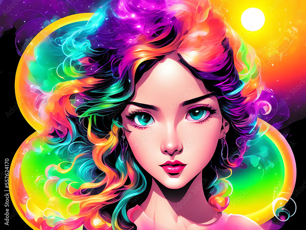 Young Cartoon Woman with Abstract / Surreal Surroundings and a Prismatic Color Scheme, Generative AI Image