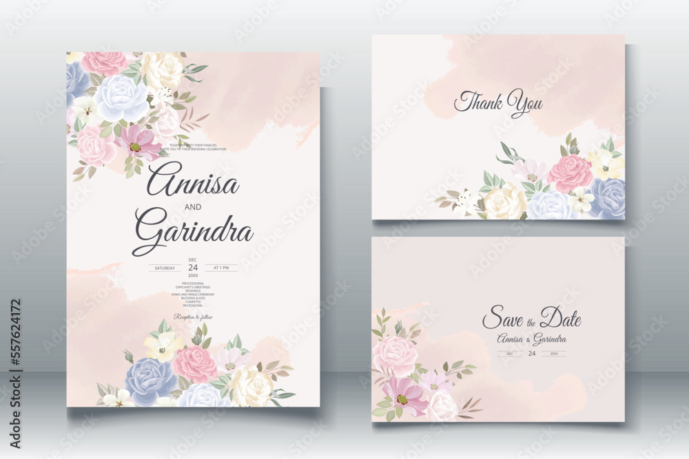 Elegant wedding invitation card with beautiful colorful floral and leaves template Premium Vector
