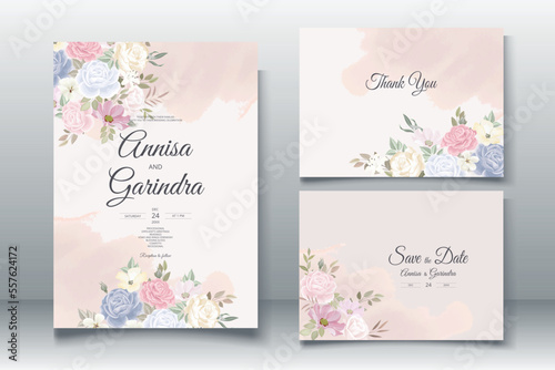 Elegant wedding invitation card with beautiful colorful floral and leaves template Premium Vector © MARIANURINCE