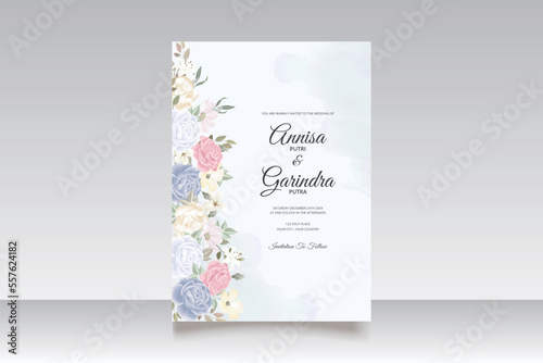 Elegant wedding invitation card with beautiful colorful floral and leaves template Premium Vector