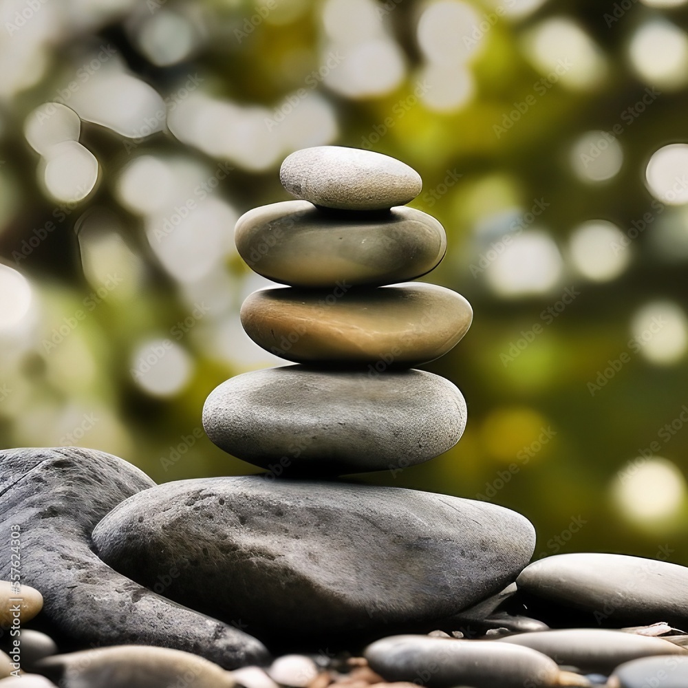 Balanced tower of stacked stones on the soft nature green background. Calm, zen and meditation. Generative AI Balanced tower of stacked stones on the soft nature green background. Calm, zen and meditation. Generative AI