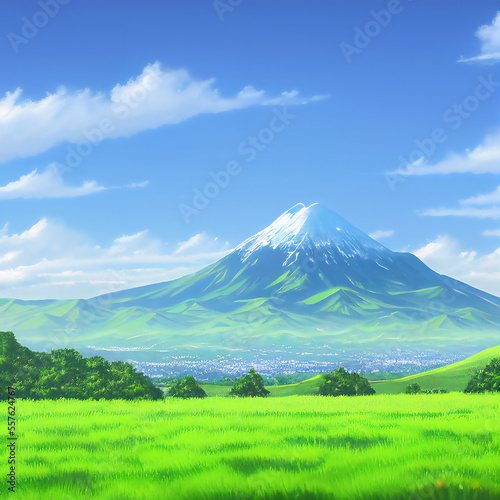 Beautiful landscape mount Fuji. Fuji mount landscape paint style. Green fields and mount Fuji. Generated by AI