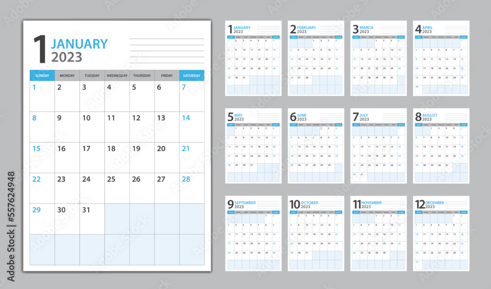 Monthly calendar template for 2023 year blue background, planner 2023 template, Week Starts on sunday, wall calendar 2023 year, planner minimal design, Set of 12 Months, vertical calendar vector Monthly calendar template for 2023 year blue background, planner 2023 template, Week Starts on sunday, wall calendar 2023 year, planner minimal design, Set of 12 Months, vertical calendar vector