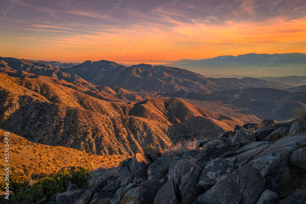 Joshua Tree National Park Landscape Series, Keys View summit at sunset, a high viewpoint with mesas, Coachella Valley, Palm Springs, and Salton Sea, Southern California, USA