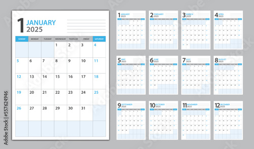 Monthly calendar template for 2025 year blue background, planner 2025 template, Week Starts on sunday, wall calendar 2025 year, planner minimal design, Set of 12 Months, vertical calendar vector