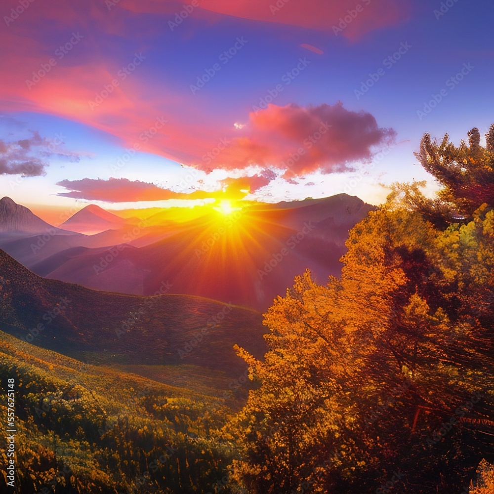 Beautiful view of colorful sunrise in mountains. Background. Generative AI