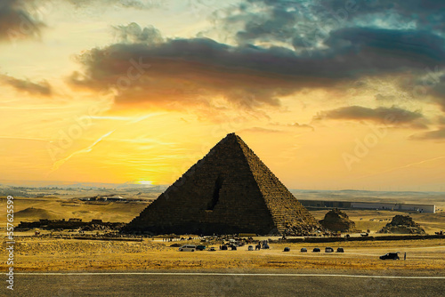Beautiful sunset at Great Pyramids in Giza Egypt