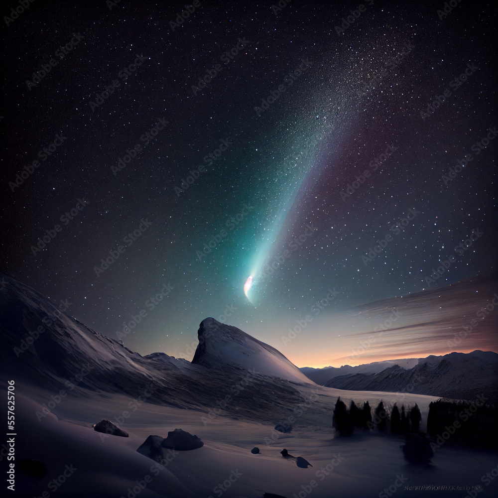 Landscape with a comet on sky, generative ai