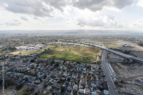 Aerial view towards Sheldon Arleta Park in the northeast San Fernando Valley area of Los Angeles, California. photo
