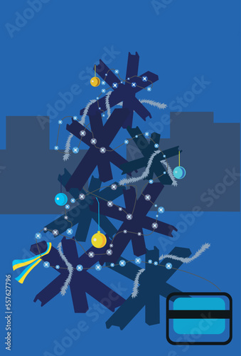 Symbolic tree made of anti-tank barriers illuminated by a generator against the backdrop of dark houses. The concept of Russian aggression in Ukraine