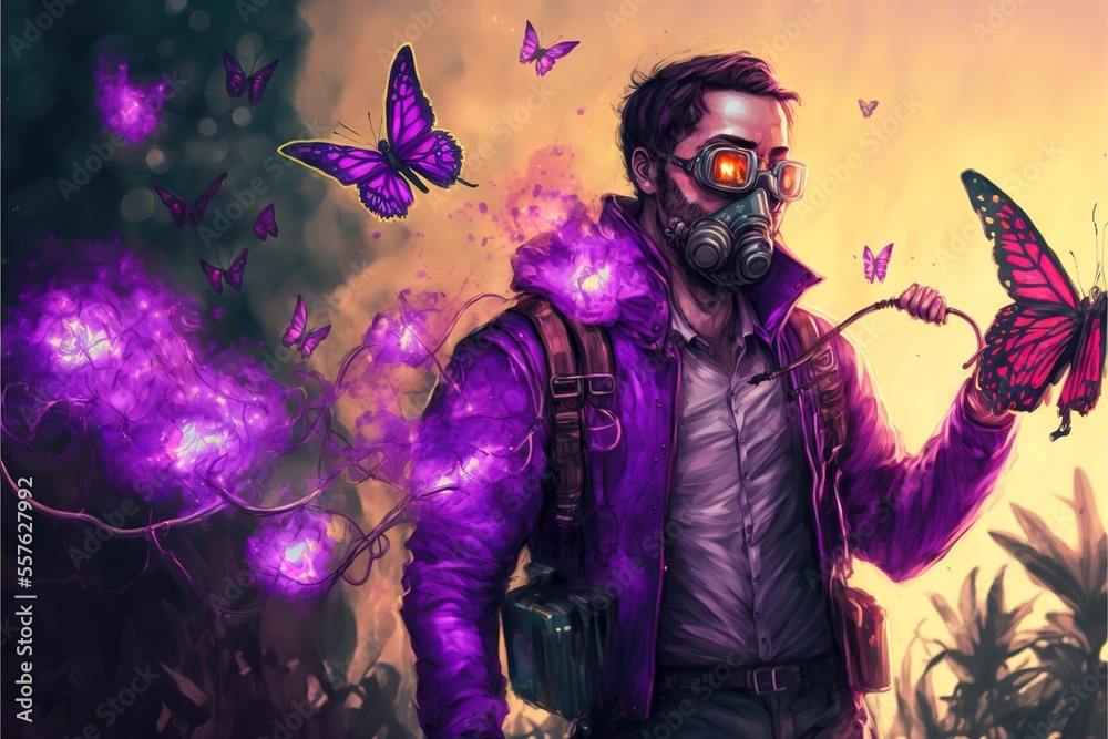 A man in a post-apocalyptic costume among butterflies