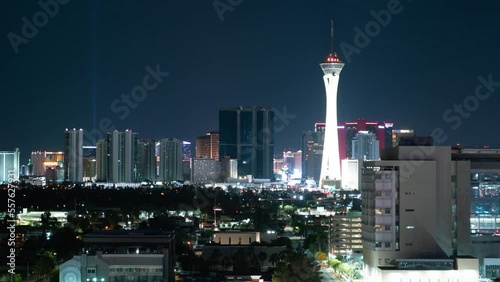 Las Vegas Strip Night Skyline and Downtown Cityscape Time Lapse Tilt Up Nevada USA