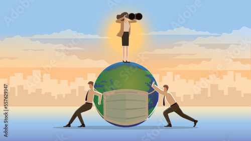 A vision businesswoman uses binoculars on the world with team. Look for business idea solution to solve problem in a bear economy, economic downturn, recession, financial crisis, inflation, and loss.