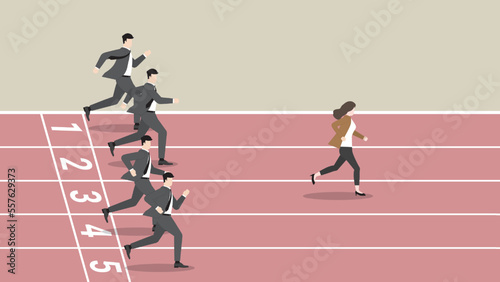 Feminist, Woman power, Powerful lady and Business competition of businesswoman overcome businessman run in a race track. Concept of CEO female leadership,  success, working woman, leader in business.