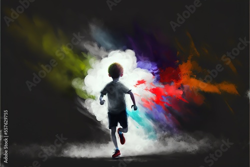 A boy runs with a colored smoke flyer © Анастасия Птицова