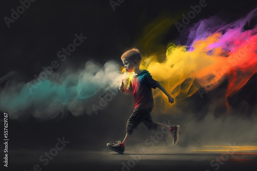 A boy runs with a colored smoke flyer © Анастасия Птицова