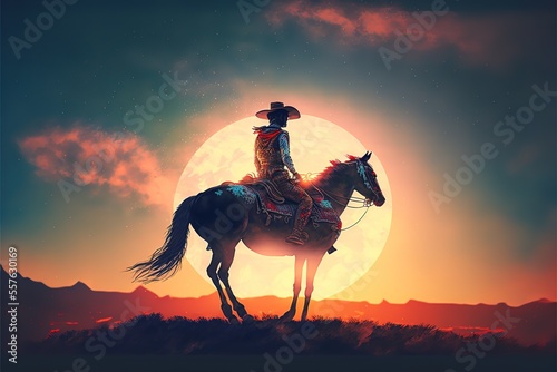 Photographie A cowboy rides a horse against the background of the sun