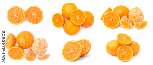 Set with fresh ripe tangerines on white background. Banner design