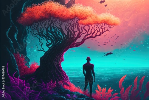 A man stands in a colorful coral forest, a fantastic illustration