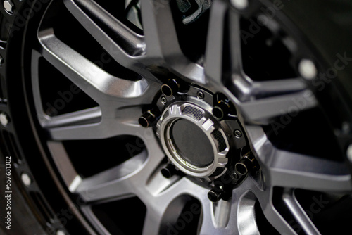 Premium alloy wheels Spoke and rim design close up of white and black elements