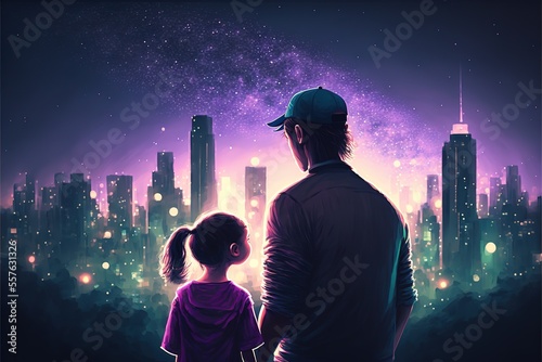 Father and daughter look at the shining city