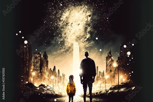 Father and daughter look at the shining city