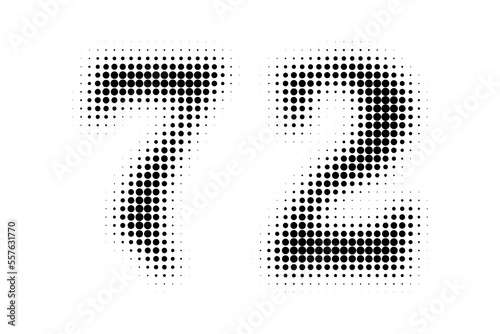 Number 72 Halftone. Pop art style. Halftone dotted backdrop. Design for web banners, wallpaper,sites vector illustration. Abstract Halftone Dotted Number.