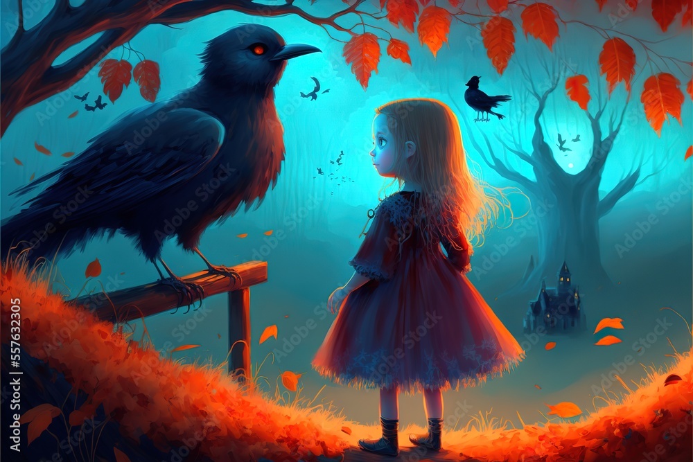 A little girl stands near a huge crow, a fabulous illustration