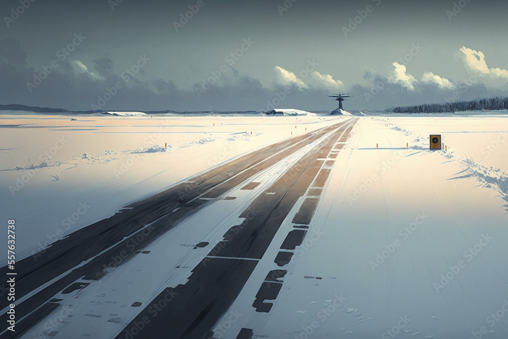 A snow filled airport runway - Generative AI