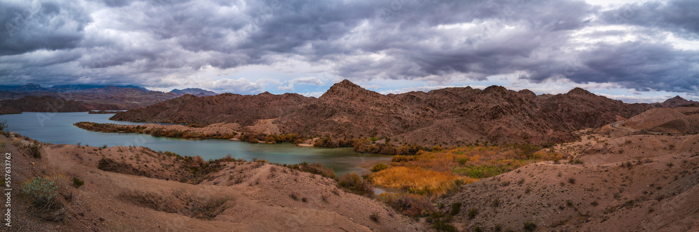 Colorado River Landscape Series, tranquil  wilderness with views of Black and Spirit Mountains and  Squadron Peak Mountain, at Mojave Lake in Bullhead City, Arizona, USA