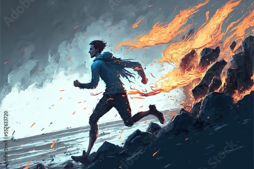A man runs against the background of a meteor explosion