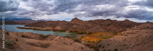 Colorado River Landscape Series, tranquil  wilderness with views of Black and Spirit Mountains and  Squadron Peak Mountain, at Mojave Lake in Bullhead City, Arizona, USA