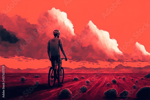 A man with a bicycle on a background of red clouds in the sunset