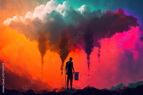 An artist with buckets of paint draws clouds in the sky