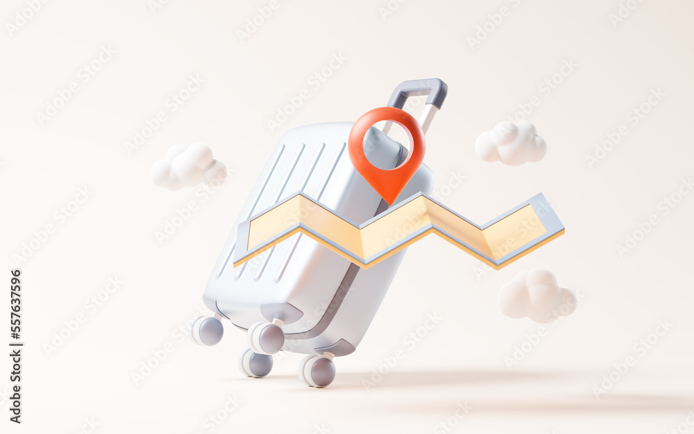 Cartoon style luggage with travel theme, 3d rendering. Cartoon style luggage with travel theme, 3d rendering.