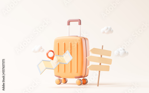 Cartoon style luggage with travel theme, 3d rendering.