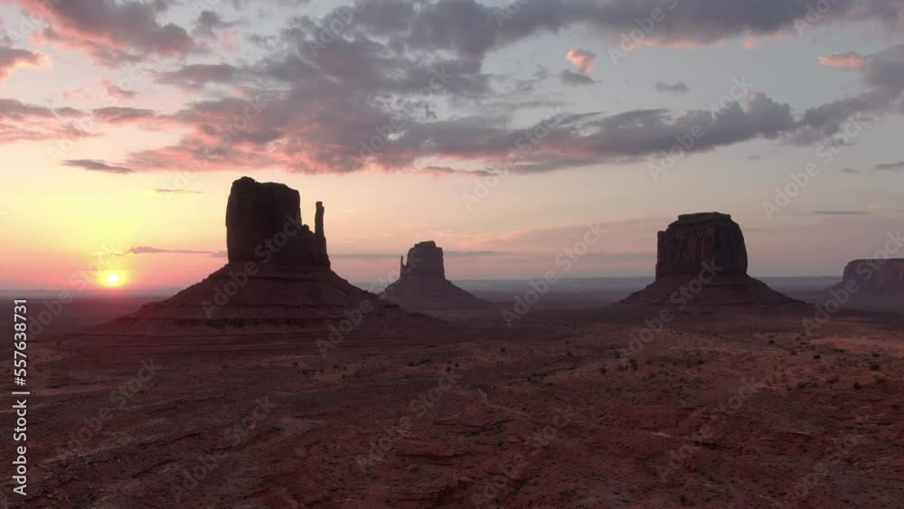 Monument Valley Sunrise Over Buttes Aerial Shot Rotate R Navajo Nation Southwest Desert Arizona Utah USA Monument Valley Sunrise Over Buttes Aerial Shot Rotate R Navajo Nation Southwest Desert Arizona Utah USA
