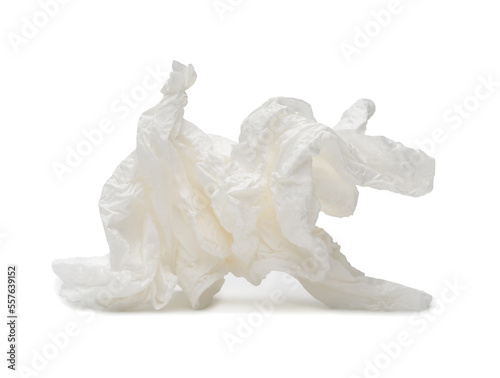 Single piece of white screwed or crumpled tissue paper ball or napkin paper trash in strange shape after use in toilet or restroom isolated with clipping path in png file format