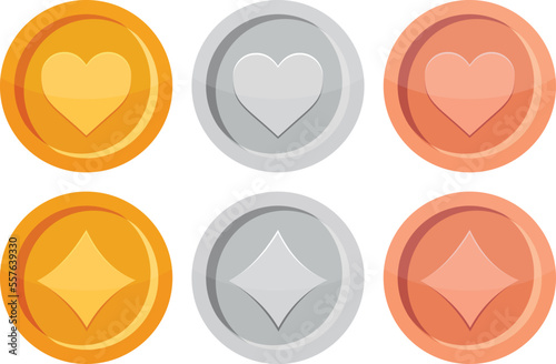 Gold silver and bronze coins with heart and diamond icon, heart coin and diamond coin, game coins