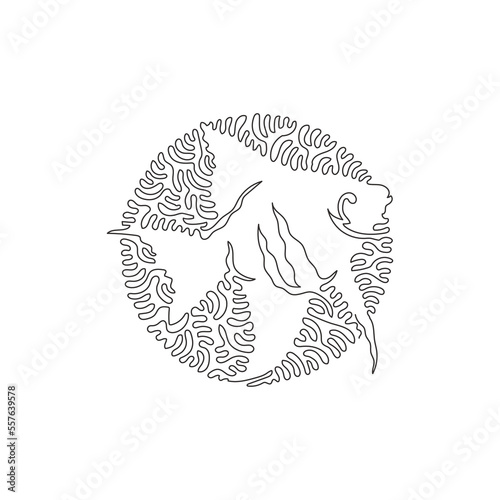 Single one curly line drawing of beautiful fish abstract art. Continuous line draw graphic design vector illustration of angelfish fins like wings for icon, symbol, company logo, and pet lover club