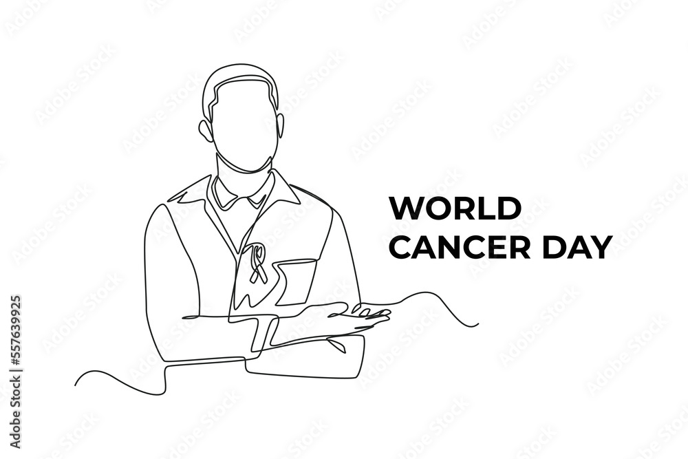 Continuous one line drawing happy doctor man gives supporting people living and illness. World cancer day concept. Single line draw design vector graphic illustration. Continuous one line drawing happy doctor man gives supporting people living and illness. World cancer day concept. Single line draw design vector graphic illustration.