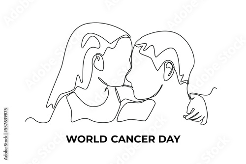 Continuous one line drawing little girl giving support to her mom's cancer. World cancer day concept. Single line draw design vector graphic illustration.