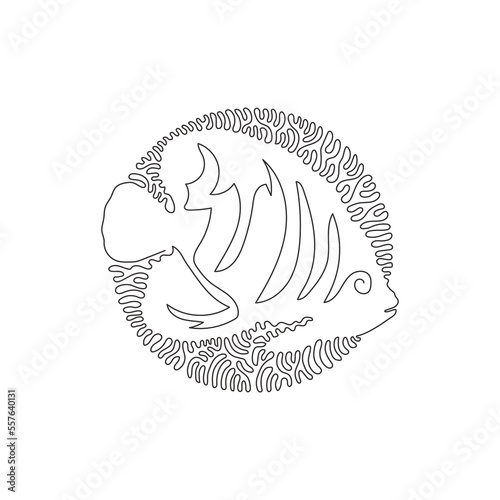 Continuous curve one line drawing of cute angelfish abstract art in circle. Single line editable stroke vector illustration of brightly exotic colored fish for logo, wall decor and poster print decor