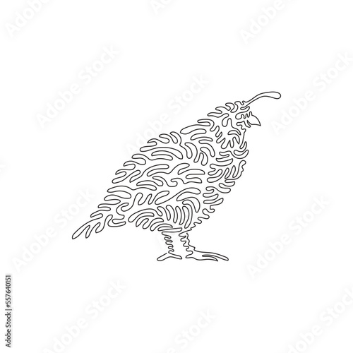 Single curly one line drawing of lively little birds abstract art. Continuous line draw graphic design vector illustration of quail head plume curling forward for icon, symbol, logo, poster wall decor