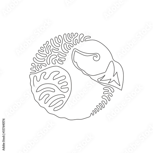 Continuous curve one line drawing of beautiful puffin abstract art in circle. Single line editable stroke vector illustration of stocky birds short winged for logo, wall decor and poster print decor