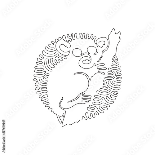 Continuous one curve line drawing of adorable tarsier abstract art in circle. Single line editable stroke vector illustration of cute little primate for logo, wall decor and poster print decoration